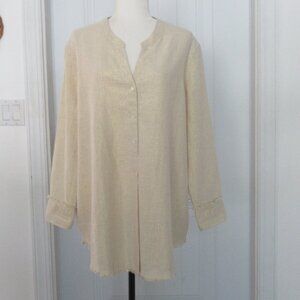 New Nic+Zoe Tunic Blouse Cotton Linen Blend Long Sleeve Frayed Hem Beige Gold